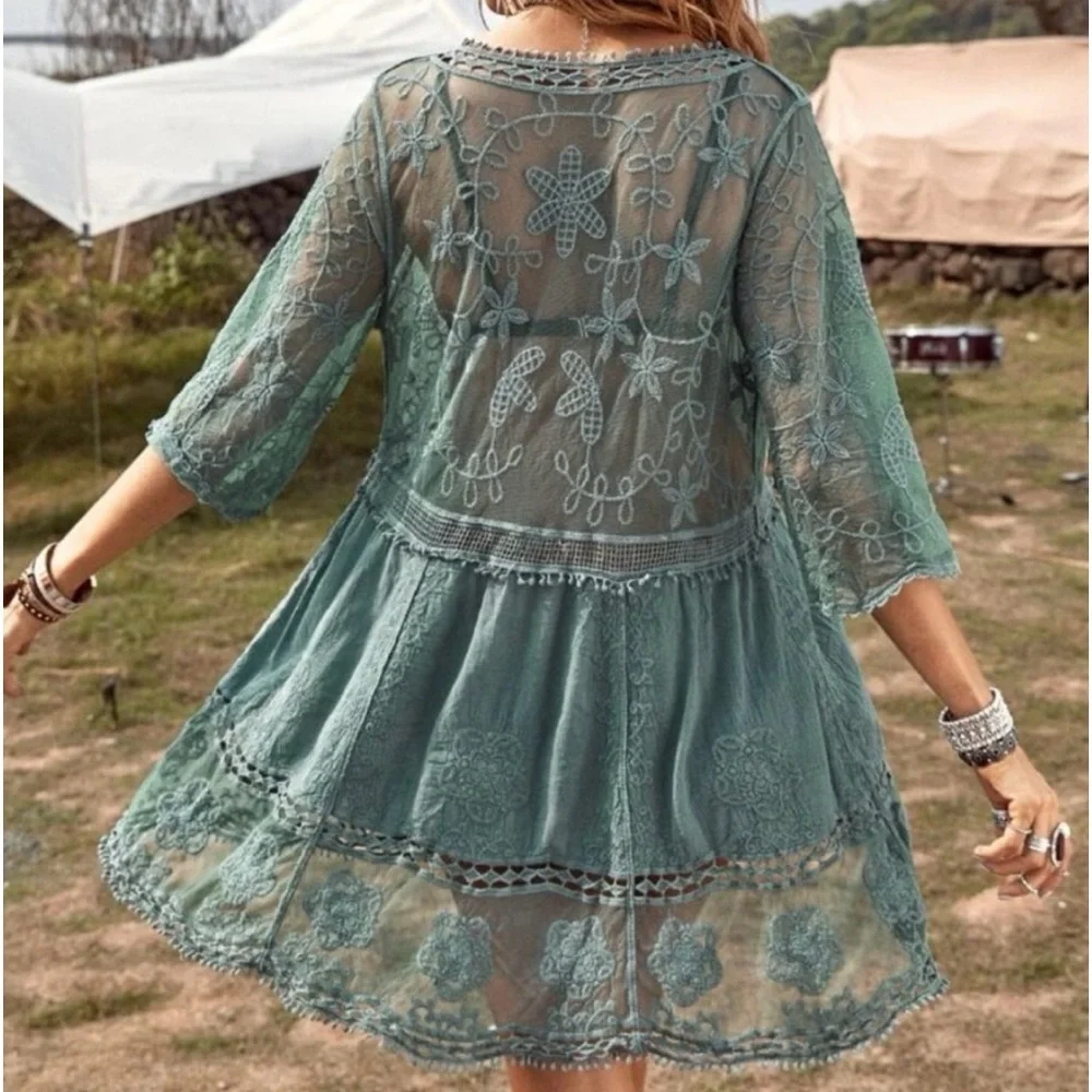 NWT Sage Green Crochet Lace Long Sleeve Dress Coverup - Picture 2 of 6